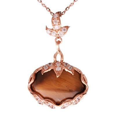 Trendy Sterling Silver With Rose Gold Overlay Oval Like Shaped Drop Style Pendant With Yellow Tiger Eye Stone In Center And Cubic Zirconium Stones Around. Matching Earrings Available.