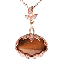 Trendy Sterling Silver With Rose Gold Overlay Oval Like Shaped Drop Style Pendant With Yellow Tiger Eye Stone In Center And Cubic Zirconium Stones Around. Matching Earrings Available.