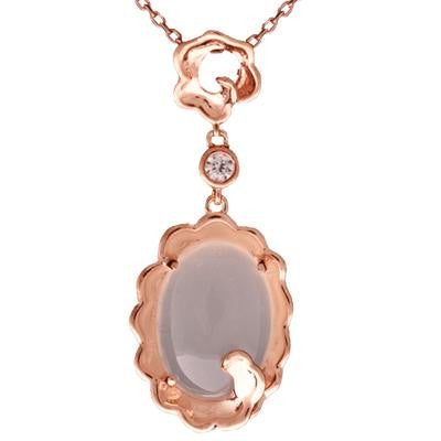 Trendy Sterling Silver With Rose Gold Overlay Drop Style Pendant With Oval Shaped White Chalcedony Stone In Center And Cubic Zirconium Stones Around. Matching Earrings Available.