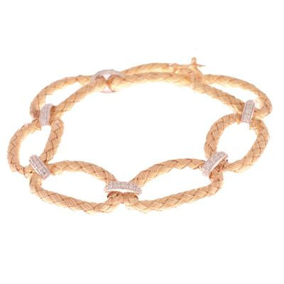 Stylish Italian Sterling Silver With Yellow Gold Overlay White Cubic Zirconium Oval Linked Braided Style Bracelet.
