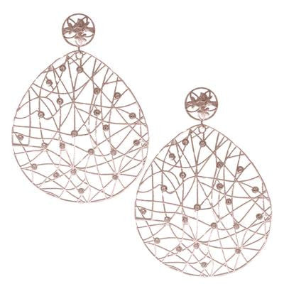 Trendy Italian Sterling Silver With Rhodium Overlay Large Pear Shaped Cut Out Design Dangling Earrings With Clear Cubic Zirconium Stones.