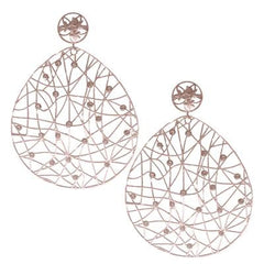 Trendy Italian Sterling Silver With Rhodium Overlay Large Pear Shaped Cut Out Design Dangling Earrings With Clear Cubic Zirconium Stones.
