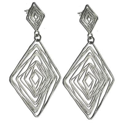 Trendy Italian Sterling Silver With Rhodium Overlay Diamond Shaped Wired Style Hanging Earrings.