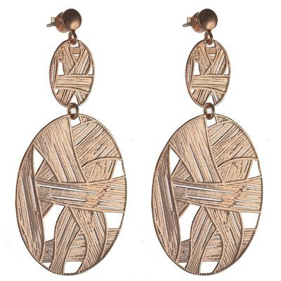 Trendy Italian Sterling Silver With Rose Gold Overlay Large Oval Shaped Weave Style Hanging Earrings.