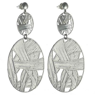 Trendy Italian Sterling Silver With Rhodium Overlay Oval Shaped Weaved Hanging Earrings.