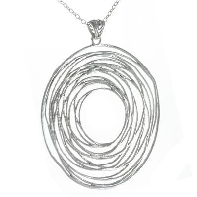 Trendy Italian Sterling Silver With Rhodium Overlay Circle Shaped Wired Style Pendant.