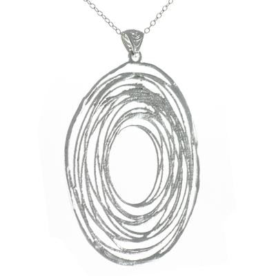 Trendy Italian Sterling Silver With Rhodium Overlay Oval Shaped Wired Style Pendant.
