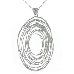 Trendy Italian Sterling Silver With Rhodium Overlay Oval Shaped Wired Style Pendant.