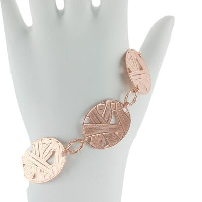 Trendy Italian Sterling Silver With Rose Gold Overlay Oval Shaped Weaved Design Linked 8 Inch Bracelet. Length Includes Approximately 1 Inch Extender.