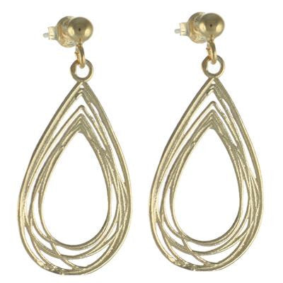 Dainty Italian Sterling Silver With Yellow Gold Overlay Oval Teardrop Shaped Wired Style Hanging Earrings.