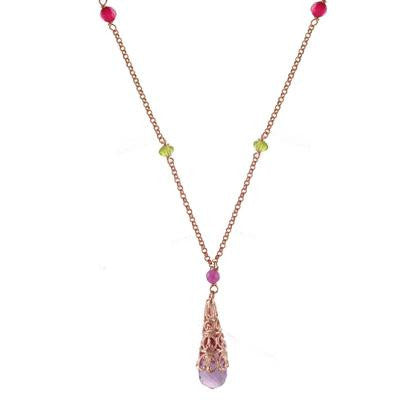 Dainty Sterling Silver With Rose Gold Overlay Necklace With Purple Pink And Green Stones.