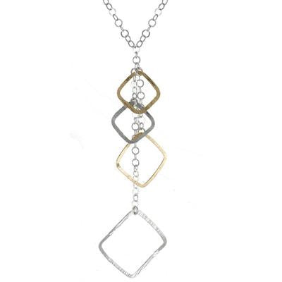 Trendy Two Tone Sterling Silver With Rhodium And Yellow Gold Overlay Circle Linked Chain Style Necklace With Diamond Like Shaped Pieces Dangling.