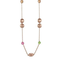 Trendy Sterling Silver With Rose Gold Overlay Long Brushed Italian Nugget Style Necklace With Orange Pink Blue And Green Cubic Zirconium Stones.