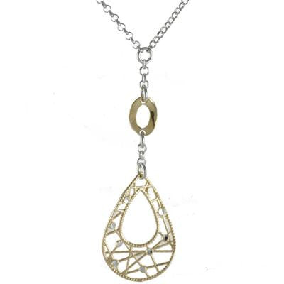 Dainty Two Tone Sterling Silver With Yellow And Rhodium Overlay Circle Shaped Linked Style Necklace With Teardrop Like Shaped Cut Out Design Piece Dangling.