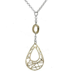 Dainty Two Tone Sterling Silver With Yellow And Rhodium Overlay Circle Shaped Linked Style Necklace With Teardrop Like Shaped Cut Out Design Piece Dangling.