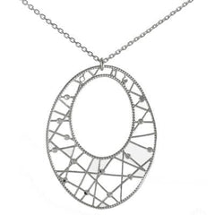 Dainty Sterling Silver With Rhodium Overlay Necklace With Large Oval Like Shaped Pendant Hanging With Line Design Cut Out.