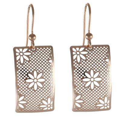 Trendy Sterling Silver With Rose Gold Overlay Italian Hook Back Style Rectangle Like Shaped Earring With Flower Cut Out Design.