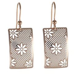 Trendy Sterling Silver With Rose Gold Overlay Italian Hook Back Style Rectangle Like Shaped Earring With Flower Cut Out Design.