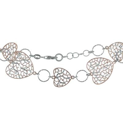 Dainty Italian Two Tone Sterling Silver With Rose And Rhodium Overlay Heart Shaped Cut Out Design Bracelet.