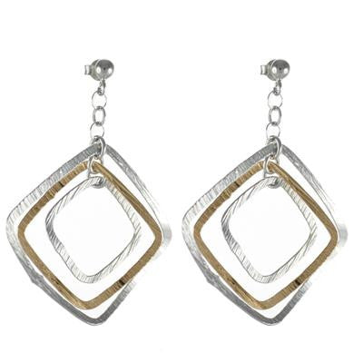Trendy Italian Two Tone Sterling Silver With Rhodium And Yellow Gold Overlay Italian Triple Diamond Like Style Hanging Earrings.
