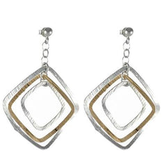 Trendy Italian Two Tone Sterling Silver With Rhodium And Yellow Gold Overlay Italian Triple Diamond Like Style Hanging Earrings.