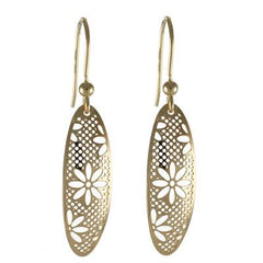 Dainty Italian Sterling Silver With Yellow Gold Overlay Hook Back Style Earring With Oval Like Shaped Flower Cut Out Design.