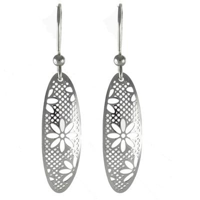 Dainty Italian Sterling Silver With Rhodium Overlay Italian Hook Back Style Oval Shaped Flower Design Cut Out Earrings.