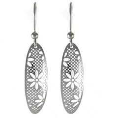 Dainty Italian Sterling Silver With Rhodium Overlay Italian Hook Back Style Oval Shaped Flower Design Cut Out Earrings.
