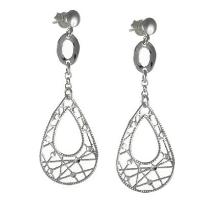 Trendy Italian Sterling Silver With Rhodium Overlay Italian Teardrop Shaped Dangling Earrings.