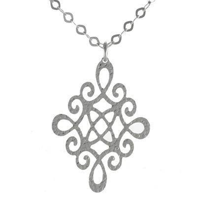 Trendy Italian Sterling Silver With Rhodium Overlay Italian Oval Like Shaped Chain Style Necklace With Diamond Like Shaped Piece Hanging With Cut Out Design.