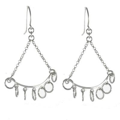 Trendy Italian Sterling Silver With Rhodium Overlay Large Triangle Shaped Hook Back Style Earrings With Circle Links Dangling.