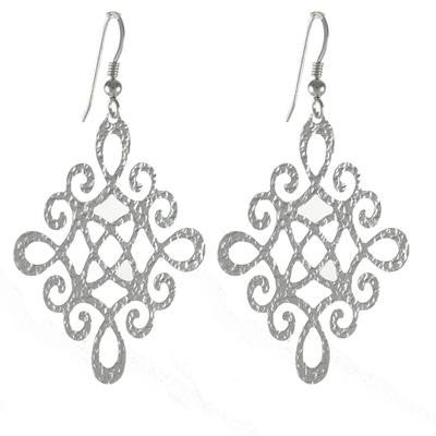 Trendy Italian Sterling Silver With Rhodium Overlay Italian Flat Diamond Like Shaped With Cut Out Design Dangling Earrings.