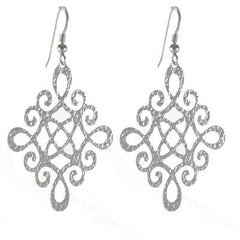 Trendy Italian Sterling Silver With Rhodium Overlay Italian Flat Diamond Like Shaped With Cut Out Design Dangling Earrings.