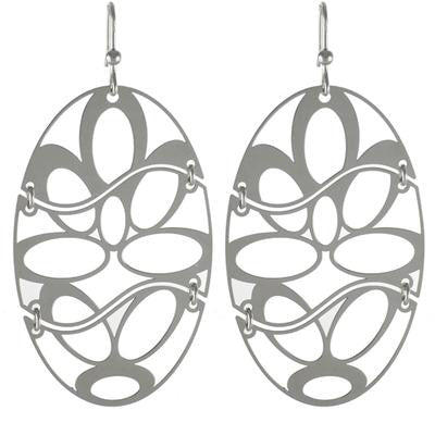 Trendy Italian Sterling Silver With Rhodium Overlay Italian Oval Like Shaped Cut Out Design Hook Back Style Dangling Earrings. Matching Necklace Available.