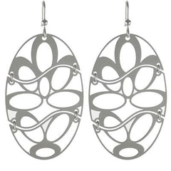 Trendy Italian Sterling Silver With Rhodium Overlay Italian Oval Like Shaped Cut Out Design Hook Back Style Dangling Earrings. Matching Necklace Available.
