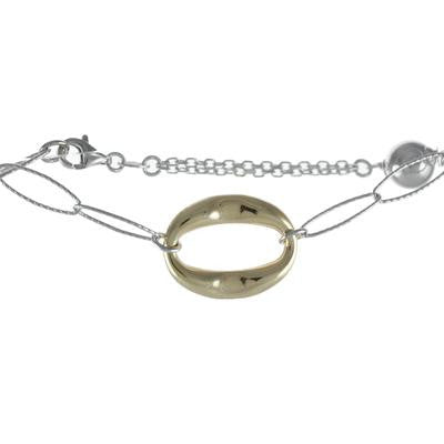 Trendy Italian Two Tone Sterling Silver With Rhodium And Yellow Gold Overlay Oval Like Shaped Linked Style Bracelet With Oval Shaped Three D Center.