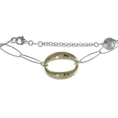 Trendy Italian Two Tone Sterling Silver With Rhodium And Yellow Gold Overlay Oval Like Shaped Linked Style Bracelet With Oval Shaped Three D Center.