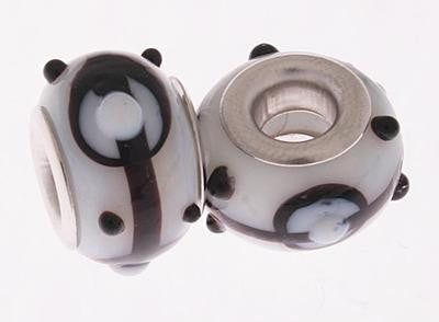 Trendy Designer Inspired Brass With A Silver Overlay White With Raised Black Dot And Line Design Kali Bead. Bead Can Be Used As A Single Charm On A Bracelet Or Paired With Fashion Charms To Create Your Own Ka