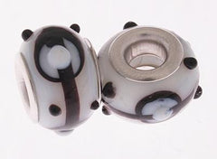 Trendy Designer Inspired Brass With A Silver Overlay White With Raised Black Dot And Line Design Kali Bead. Bead Can Be Used As A Single Charm On A Bracelet Or Paired With Fashion Charms To Create Your Own Ka