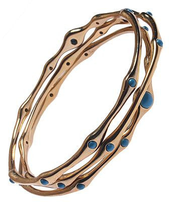 Set Of 3 Beautiful Brass With A 14K Gold Overlay Matte Bangle Bracelet. Stylish Blue Stones Throughout Bangle.