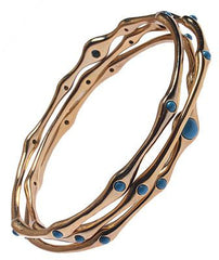 Set Of 3 Beautiful Brass With A 14K Gold Overlay Matte Bangle Bracelet. Stylish Blue Stones Throughout Bangle.