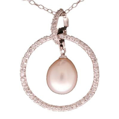 Stunning Sterling Silver With Rhodium Overlay Cz Circle Shaped Pendant With White Simulated Pearl Dangling In Center.