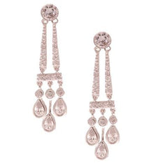 Dangling Brass With Rhodium Overlay Oval Shaped Cz Double Strand Chandelier Style Earrings. Matching Pendant Available.
