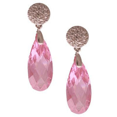 Dangling Brass With Rhodium Overlay Cz Oval Like Shaped Light Pink Stone Earrings.