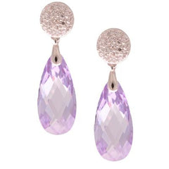 Dangling Brass With Rhodium Overlay Cz Light Violet Stone Hanging Earrings.