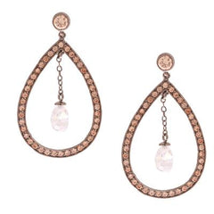 Trendy Brass With Black Rhodium Overlay Teardrop Shaped Cut Out Design Earrings With Light Champagne Stones And Clear White Cz Dangling In Center.