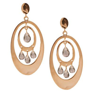 Dangling Brass With Yellow Gold Overlay Double Oval Like Shaped Hanging Earrings With Smokey Topaz Stones.