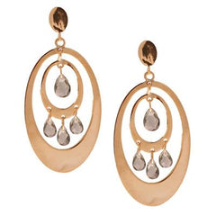Dangling Brass With Yellow Gold Overlay Double Oval Like Shaped Hanging Earrings With Smokey Topaz Stones.