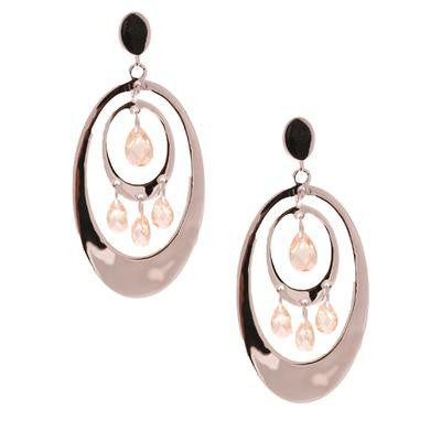 Dangling Brass With Rhodium Overlay Double Oval Like Shaped Hanging Style Light Champagne Stone Earrings.