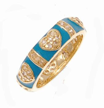 Trendy Sterling Silver With Yellow Gold Overlay Turquoise Enamel Heart Cz Ring Size 7.